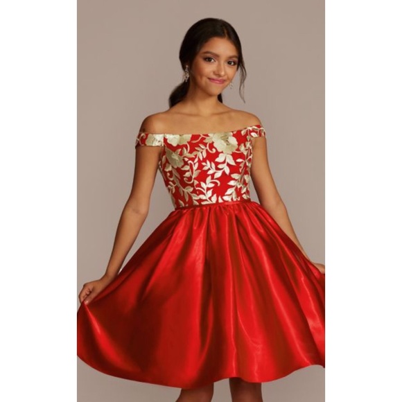 FIFTEEN ROSES Off-The-Shoulder Mini Patterned A-Line Color Red  Size 6   … - Picture 2 of 7